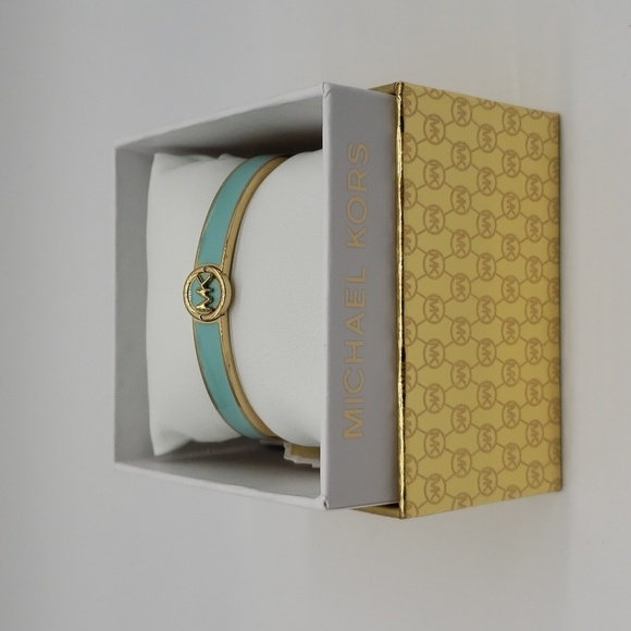 1606- MICHAEL Michael Kors Haute Gold Tone AQUA Enamel Bangle Bracelet NWT - Picture 7 of 10